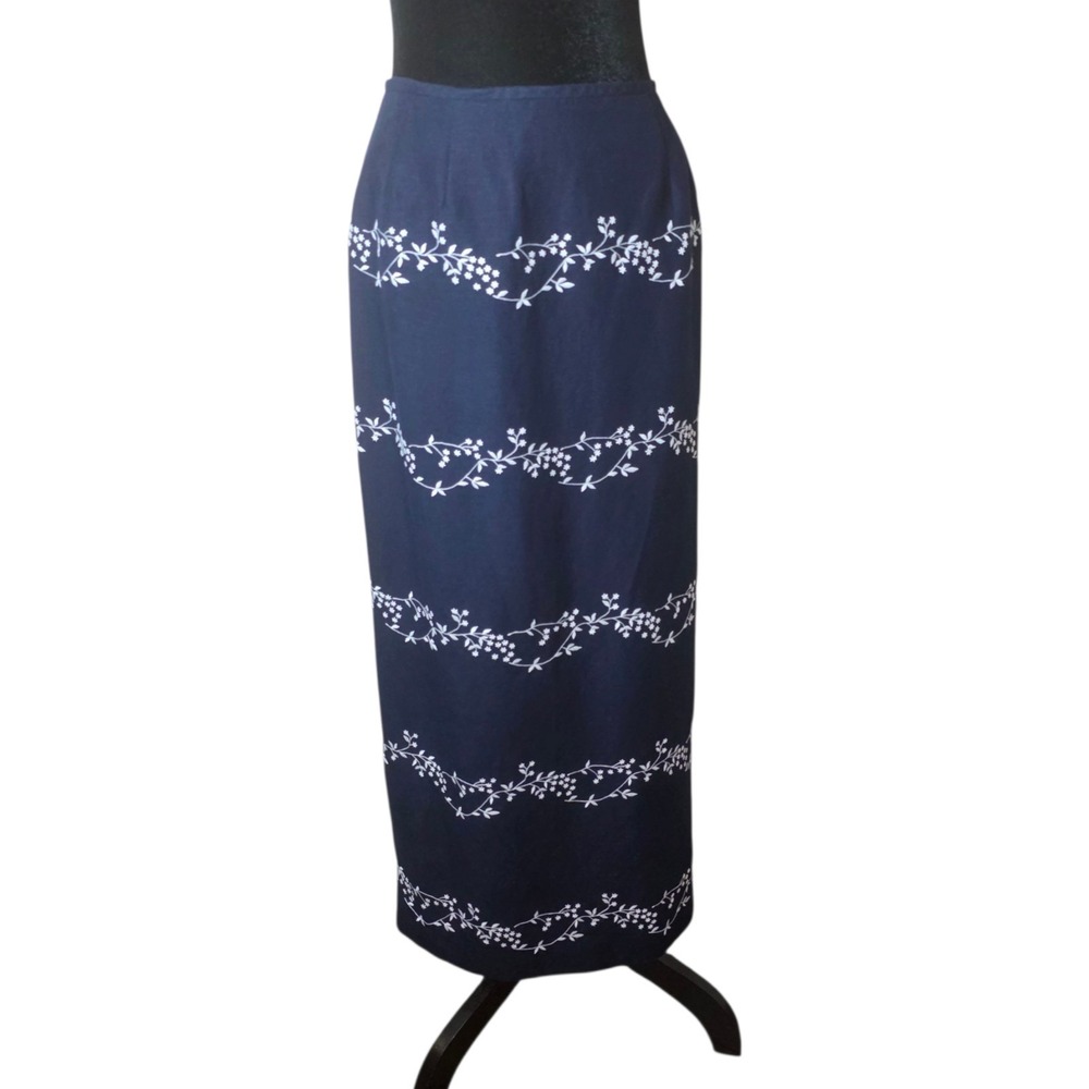 Linen Maxi Skirt Navy Blue White Floral Embroidered Straight Women Size 10